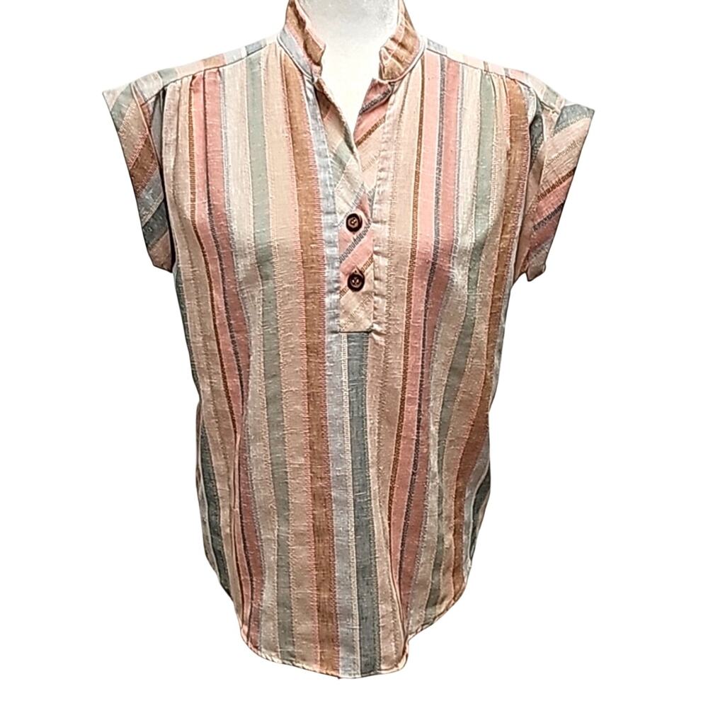 Caribou Womens Vertical Stripe Cuff Sleeve 1/4 Button Poly/Cotton Top Size 14